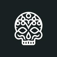 Vector skull line-art . Stylised human skull front view, made by diagonal lines. White lines on black background. Ideal logo graphic element.