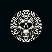 Vector skull line art. Stylized human skull front view, made by diagonal lines. White lines on black background. Ideal logo graphic element.