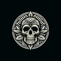 Vector skull line art. Stylized human skull front view, made by diagonal lines. White lines on black background. Ideal logo graphic element.