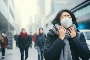 AI generated woman wearing face mask protect filter against air pollution photo