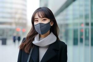 AI generated woman wearing face mask protect filter against air pollution photo