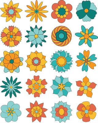 Yellow and Turquoise Retro Flower Element Set