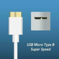 Micro USB type B super speed Cable Plugs and Socket Isolated on Blue Background. vector