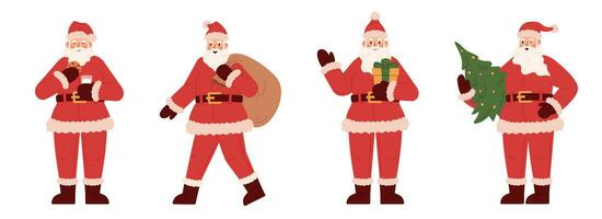 Set with Santa Claus in different poses. Santa walks with a bag of gifts, holds a Christmas tree, eats cookies, holds a gift. Hand drawn character in simple flat style. vector