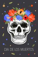 día de el muerto tarjeta. cráneo en un guirnalda de flores vector modelo con letras diseño. el inscripción es en español.