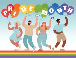 A group of people from different ethnic backgrounds holds baloons together that says PRIDE MONTH. Hand-drawn flat vector illustration to support the LGBT community. People are happy and smiling