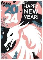 Happy New Year 2024 card with dragon, snowflakes, and text. Vector flat illustration..