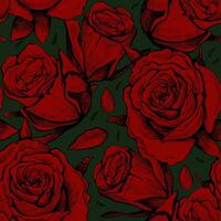 Red and green seamless vector pattern of hand drawn roses. Illustration for wrapping paper, fabric, wallpaper.