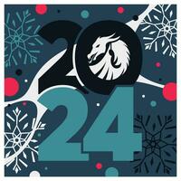 Happy New Year 2024 square poster with dragon, snowflakes, and text. Vector flat illustration.