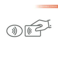 Tap to pay, hand with credit card and terminal line icon. Contactless payment outline symbol. vector