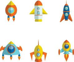 Collection of Spaceship Rocket. With Colorful Cartoon Design. Vector Illustration.