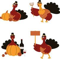 Thanksgiving Turkey On White Background. Cartoon Design Style. Vector Illustration Set.