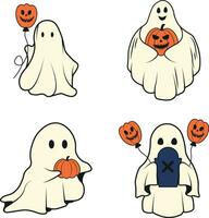 Retro Ghost Halloween Icon Set. With Cute Cartoon Design. Vector Illustration.