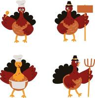 Thanksgiving Turkey On White Background. Cartoon Design Style. Vector Illustration Set.