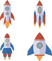 Set of Spaceship Rocket. In Flat Cartoon Design and Shape. Isolated Vector Illustration.