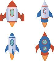 Set of Spaceship Rocket. In Flat Cartoon Design and Shape. Isolated Vector Illustration.