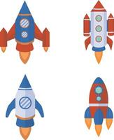 Set of Spaceship Rocket. In Flat Cartoon Design and Shape. Isolated Vector Illustration.