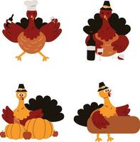 Thanksgiving Turkey On White Background. Cartoon Design Style. Vector Illustration Set.