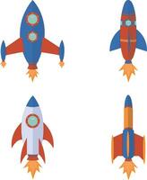 Set of Spaceship Rocket. In Flat Cartoon Design and Shape. Isolated Vector Illustration.