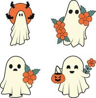 Retro Ghost Halloween Icon Set. With Cute Cartoon Design. Vector Illustration.