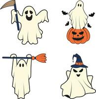 Retro Ghost Halloween Icon Set. With Cute Cartoon Design. Vector Illustration.
