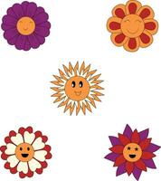 Groovy Flowers Retro Icon In Cute Cartoon Design. Vector Illustration Set.