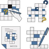 Set of Crossword Puzzle Day. With Pen, Lamp, and Hand. Isolated Vector Illustration.