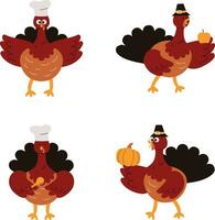 Thanksgiving Turkey On White Background. Cartoon Design Style. Vector Illustration Set.