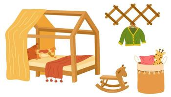 para niños habitación interior hogar elementos conjunto aislado en blanco. un cuatro postes niño cama, un balancearse, un percha con cosas, un mimbre cesta con juguetes vector diseño elementos