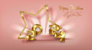 2024 dorado 3d números alegre Navidad y contento nuevo año bandera con oro estrella marco en 3d plataforma estudio mostrar. Moda pedestal piso. lujo etapa escaparate podio, vector rosado antecedentes