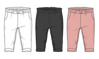 Cotton fabric pant for baby girls. Overall technical Fashion flat sketch vector template front and back view. White black and khaki color Pant trousers collection basic apparel design mock up.