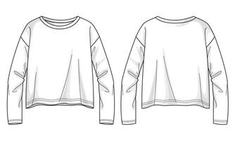 Long sleeve t shirt tops blouse technical drawing fashion flat sketch vector illustration template for ladies