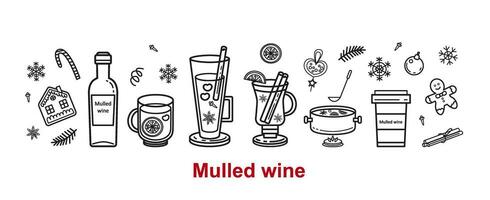 Christmas mulled wine, spices and sweets. Christmas doodles, icons. Outline Vector illustration. Suitable for wallpaper, background, labels, logo.