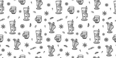 Christmas mulled wine seamless pattern. Gluhwein. Linear spices, snowflakes. Christmas doodles, icons. Outline Vector illustration. Wallpaper, background, wrapping paper.