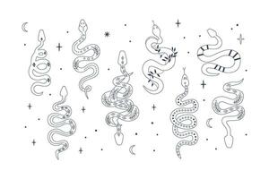 Linear mystic snakes. Abstract outline reptiles. Bohemian fauna. Celestial ethnic symbols. Line art icons, doodles. Coloring page. vector