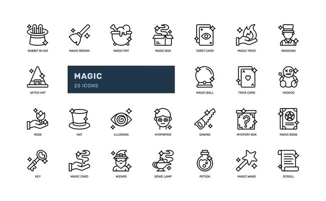 magic magician magic trick entertainment detailed outline line icon set