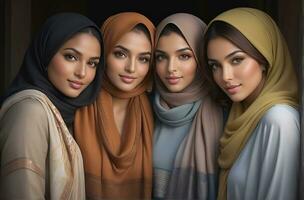 AI generated Beautiful group of Muslims women smiling and laughing wearing a hijab and decorated shawl photo