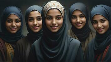 AI generated Beautiful group of Muslims women smiling and laughing wearing a hijab and decorated shawl photo