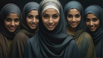 AI generated Beautiful group of Muslims women smiling and laughing wearing a hijab and decorated shawl photo