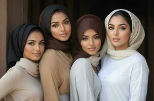 AI generated Beautiful group of Muslims women smiling and laughing wearing a hijab and decorated shawl photo