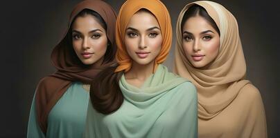 AI generated Beautiful group of Muslims women smiling and laughing wearing a hijab and decorated shawl photo