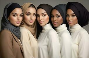 AI generated Beautiful group of Muslims women smiling and laughing wearing a hijab and decorated shawl photo