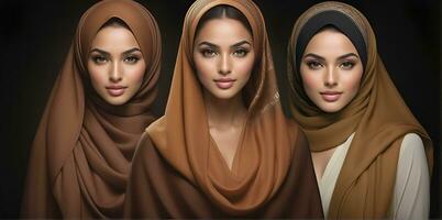 AI generated Beautiful group of Muslims women smiling and laughing wearing a hijab and decorated shawl photo