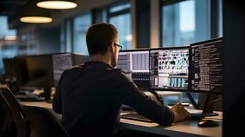 AI generated Software Engineer Concentrated Coding Dual Screens Nighttime Office photo