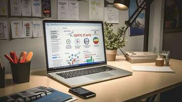ai generado un vistoso página web en un ordenador portátil pantalla en un espacio de trabajo con un teléfono inteligente foto