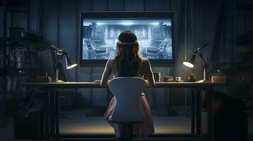 AI generated Woman Exploring Futuristic Interface in a Dark Room photo
