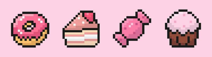sweets pixel art set of icons, vintage, 8 bit, 80s, 90s games, computer arcade game items, donut, cake, candy, cupcake, vector illustration