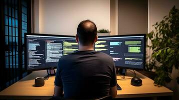 AI generated Software Developer Analyzing Code on Multiple Computer Screens photo