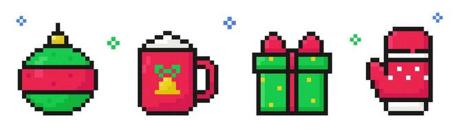 christmas pixel art set of icons, vintage, 8 bit, 80s, 90s games, computer arcade game items, ball, cocoa, gift, mitten, vector illustration