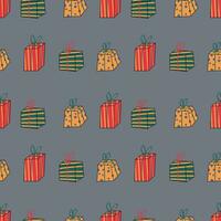The Christmas pattern with elements - Christmas trees, gifts, stars, snowflakes, and ornaments. The hand-drawn element. Seamless pattern for wrapping paper, textile prints, and background designs. vector